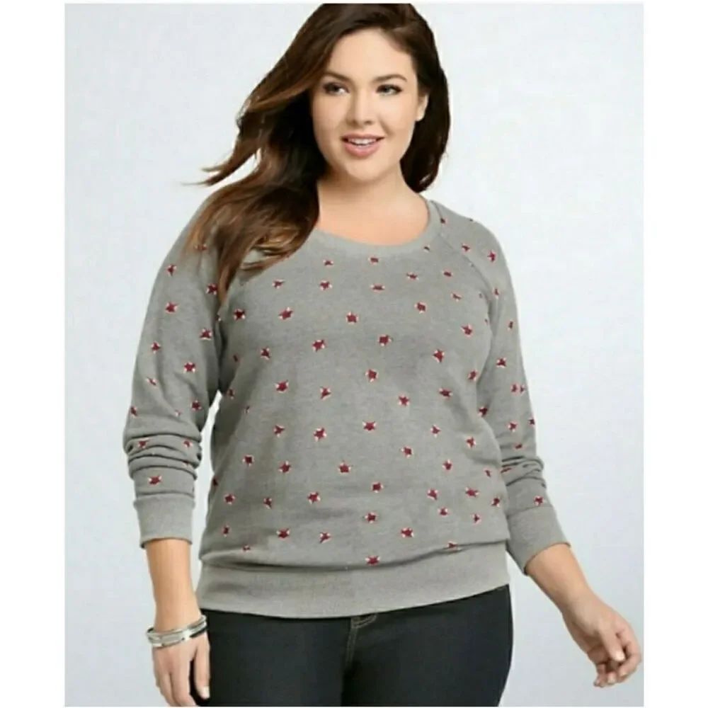✨Torrid Womens Sweatshirt Size 0 or Large Grey Red Fox French Terry Knit✨